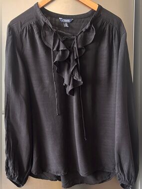 Chaps Black Ruffle Tie Neck Blouse Large Boho Romantic Long Sleeve Top